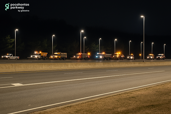 Multiple snow plows lined up on Pocahontas Parkway, staged and ready for incoming winter weather.